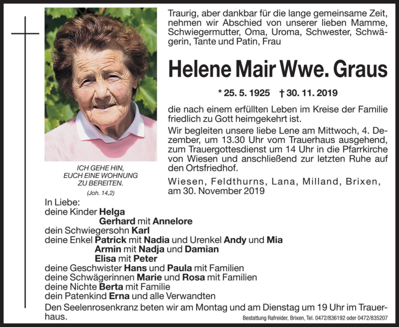  Traueranzeige für Helene Graus vom 02.12.2019 aus Dolomiten