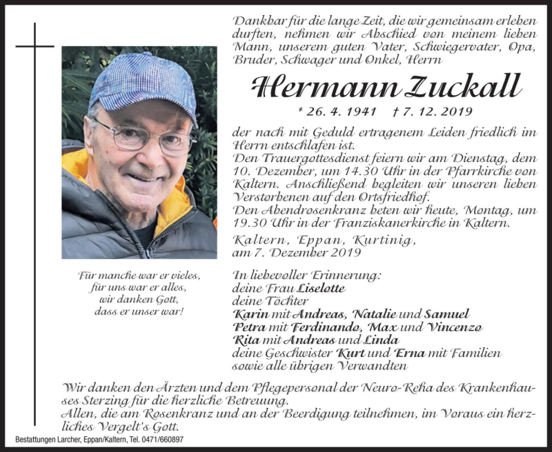  Traueranzeige für Hermann Zuckall vom 09.12.2019 aus Dolomiten