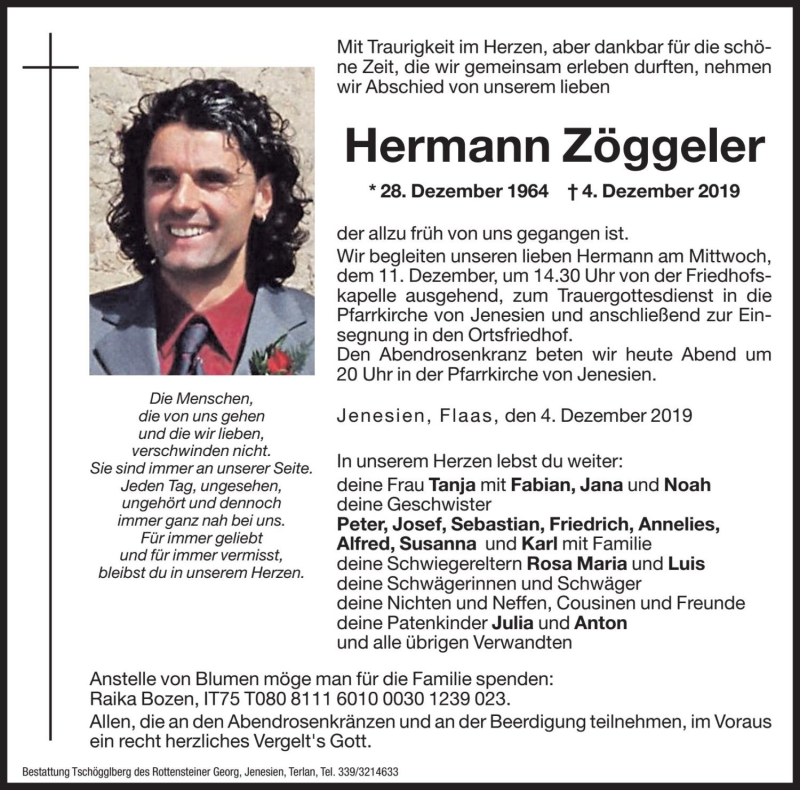  Traueranzeige für Hermann Zöggeler vom 10.12.2019 aus Dolomiten