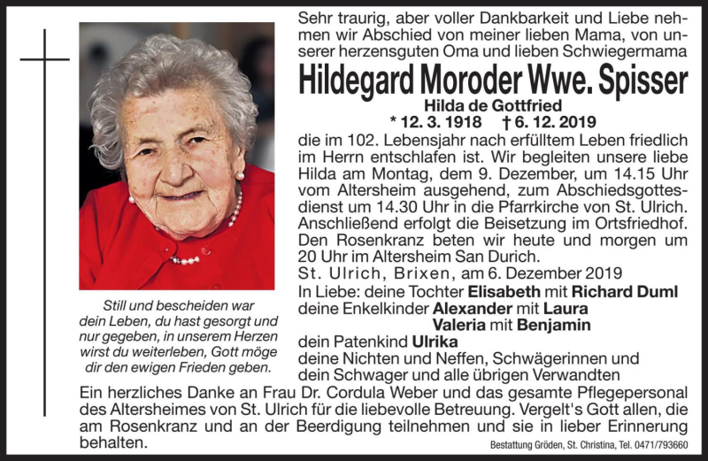  Traueranzeige für Hildegard Spisser vom 07.12.2019 aus Dolomiten