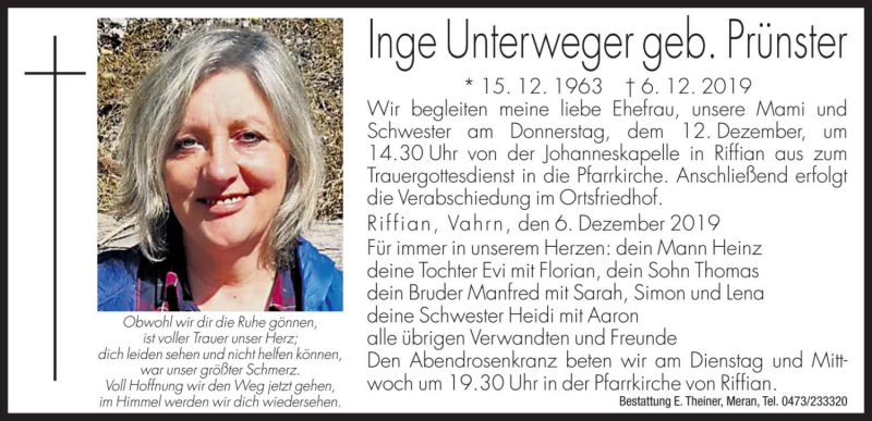  Traueranzeige für Inge Unterweger vom 10.12.2019 aus Dolomiten