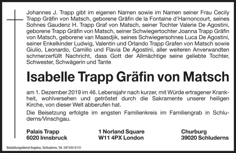  Traueranzeige für Isabelle Trapp Gräfin von Matsch vom 07.12.2019 aus Dolomiten