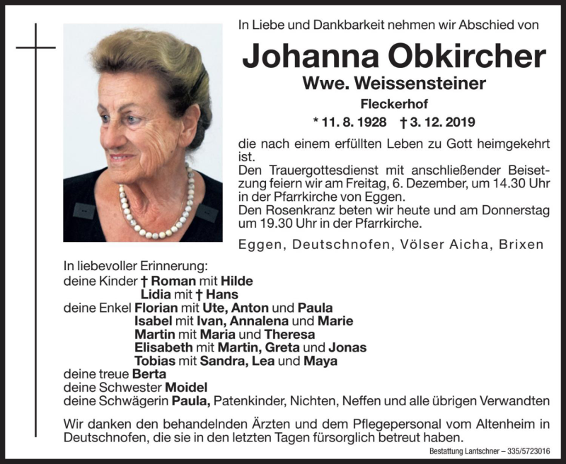  Traueranzeige für Johanna Weissensteiner vom 04.12.2019 aus Dolomiten