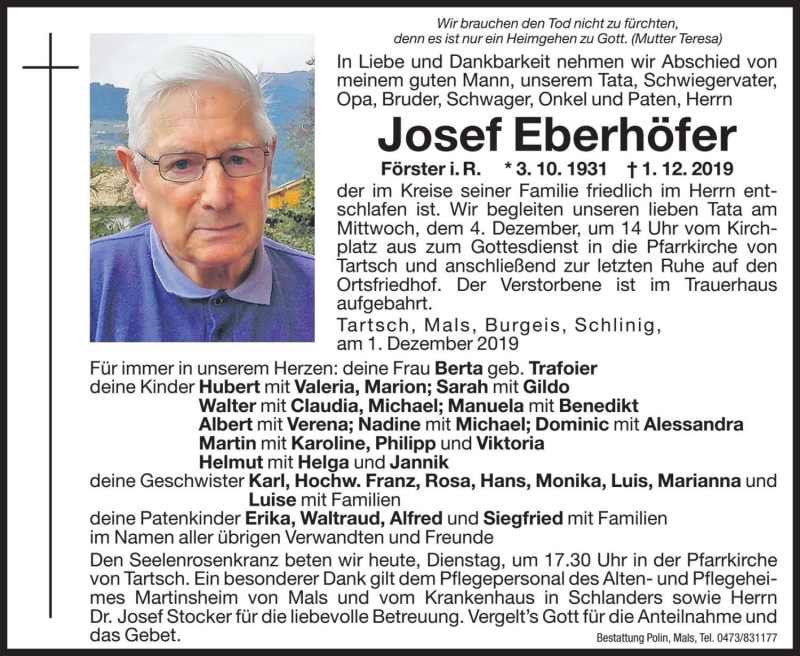  Traueranzeige für Josef Eberhöfer vom 03.12.2019 aus Dolomiten