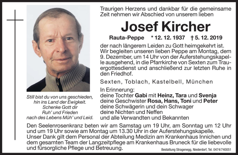 Traueranzeige für Josef Kircher vom 07.12.2019 aus Dolomiten