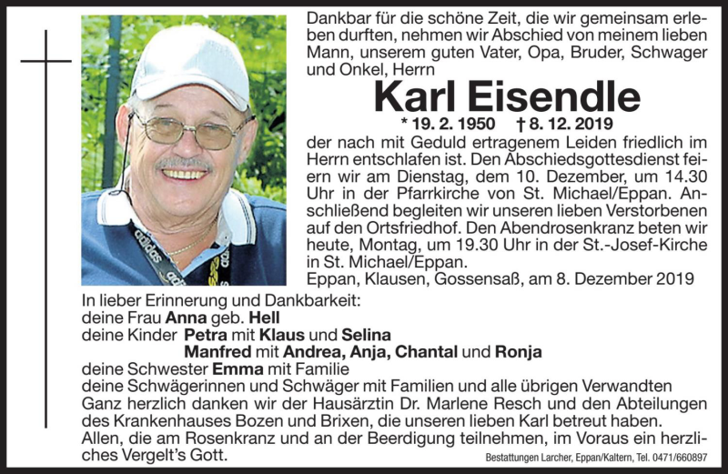  Traueranzeige für Karl Eisendle vom 09.12.2019 aus Dolomiten