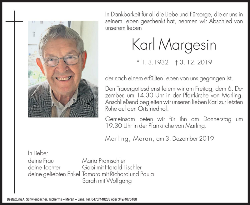  Traueranzeige für Karl Margesin vom 04.12.2019 aus Dolomiten