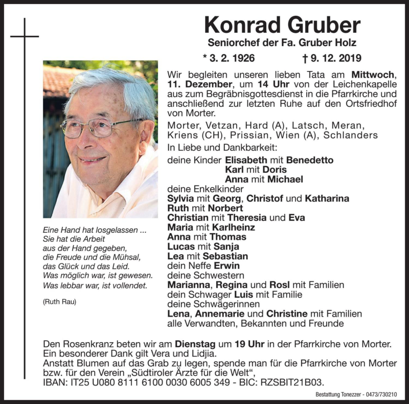  Traueranzeige für Konrad Gruber vom 10.12.2019 aus Dolomiten
