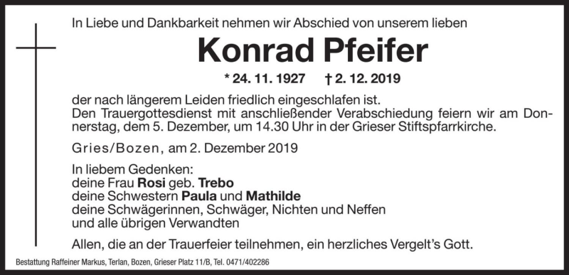  Traueranzeige für Konrad Pfeifer vom 03.12.2019 aus Dolomiten