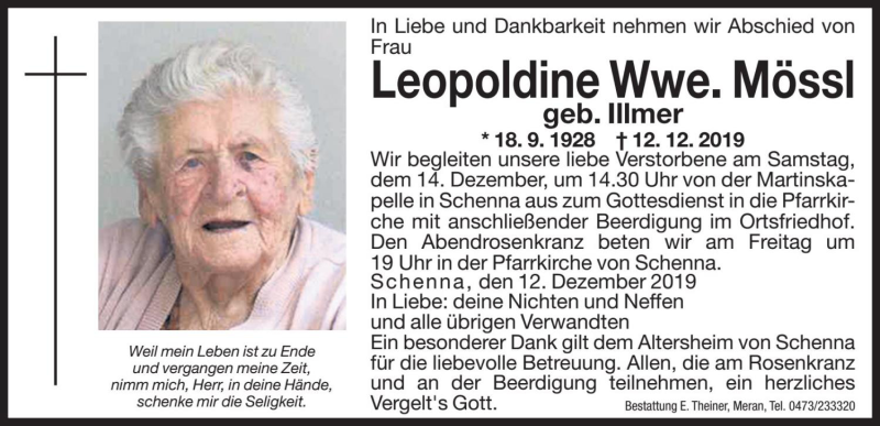  Traueranzeige für Leopoldine Mössl vom 13.12.2019 aus Dolomiten