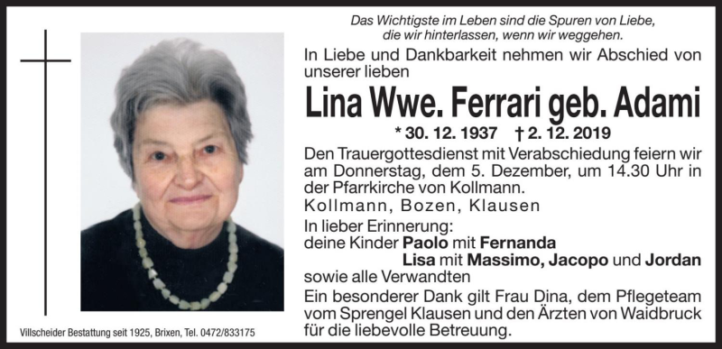  Traueranzeige für Lina Ferrari vom 04.12.2019 aus Dolomiten
