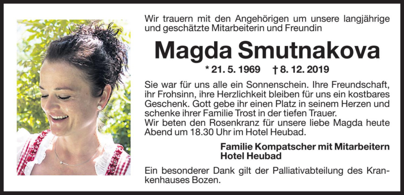  Traueranzeige für Magda Smutnakova vom 09.12.2019 aus Dolomiten