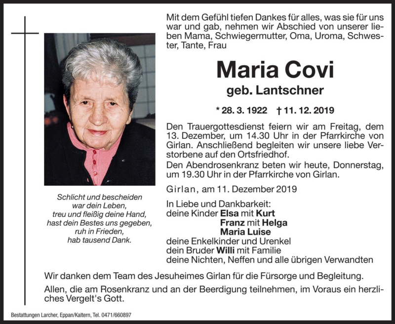  Traueranzeige für Maria Covi vom 12.12.2019 aus Dolomiten