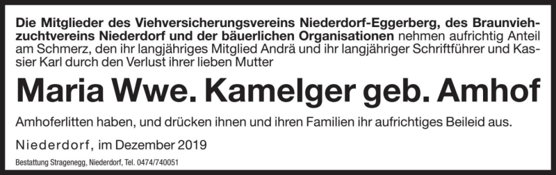  Traueranzeige für Maria Kamelger vom 09.12.2019 aus Dolomiten
