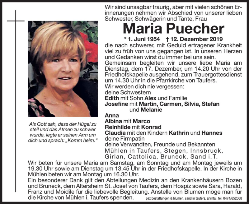  Traueranzeige für Maria Puecher vom 14.12.2019 aus Dolomiten