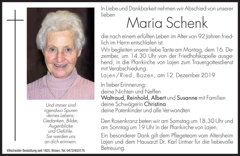  Traueranzeige für Maria Schenk vom 14.12.2019 aus Dolomiten