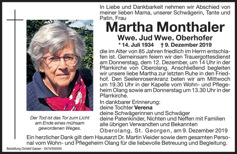  Traueranzeige für Martha Jud Oberhofer vom 11.12.2019 aus Dolomiten