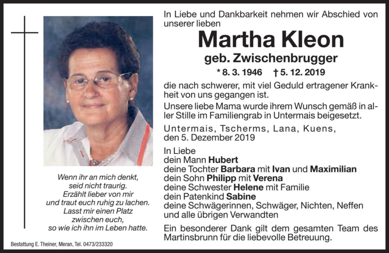  Traueranzeige für Martha Kleon vom 13.12.2019 aus Dolomiten