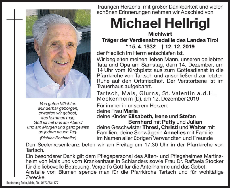  Traueranzeige für Michael Hellrigl vom 13.12.2019 aus Dolomiten