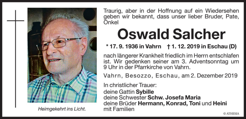  Traueranzeige für Oswald Salcher vom 06.12.2019 aus Dolomiten
