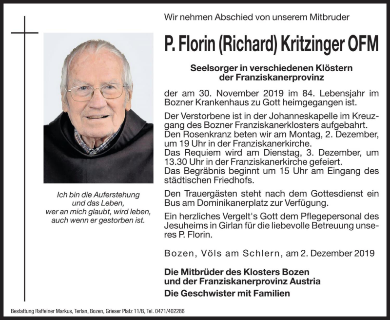  Traueranzeige für P. Florin (Richard) Kritzinger vom 02.12.2019 aus Dolomiten