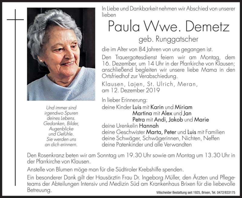  Traueranzeige für Paula Demetz vom 14.12.2019 aus Dolomiten