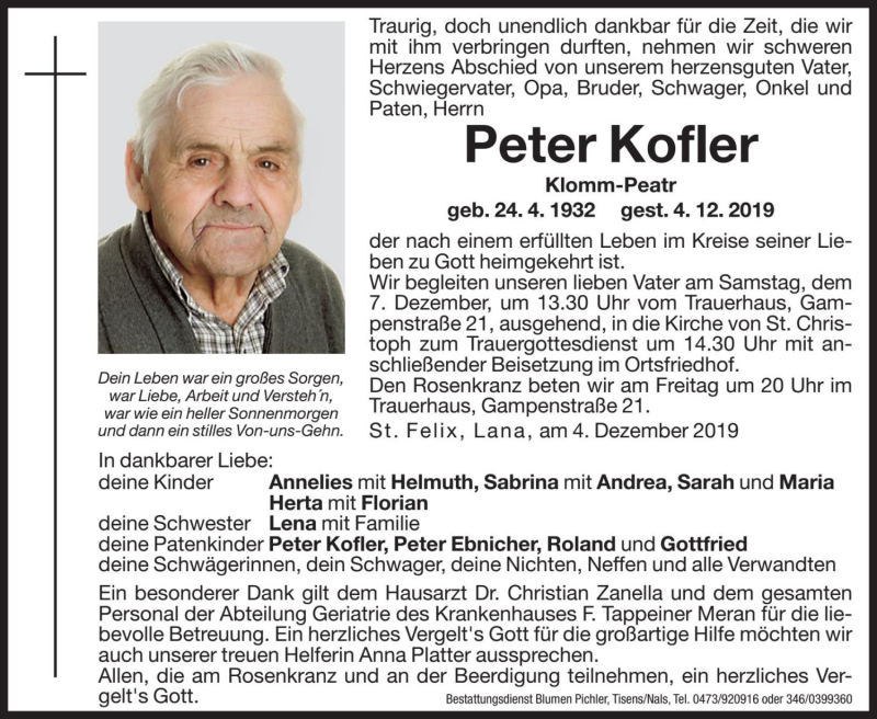  Traueranzeige für Peter Kofler vom 06.12.2019 aus Dolomiten