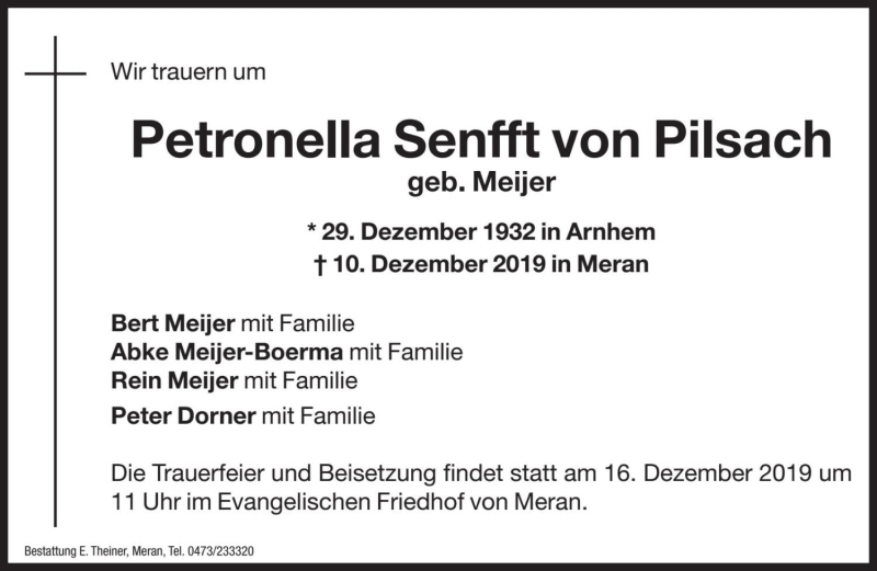  Traueranzeige für Petronella Senfft von Pilsach vom 13.12.2019 aus Dolomiten