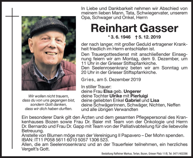  Traueranzeige für Reinhart Gasser vom 07.12.2019 aus Dolomiten