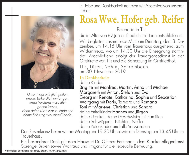  Traueranzeige für Rosa Hofer vom 02.12.2019 aus Dolomiten
