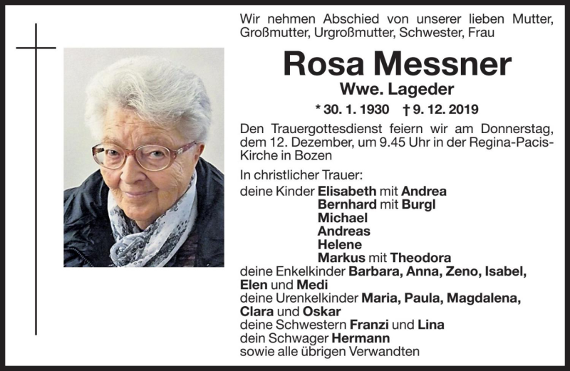  Traueranzeige für Rosa Lageder vom 11.12.2019 aus Dolomiten