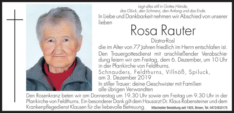  Traueranzeige für Rosa Rauter vom 05.12.2019 aus Dolomiten