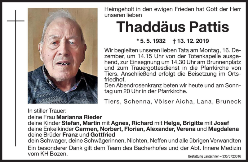  Traueranzeige für Thaddäus Pattis vom 14.12.2019 aus Dolomiten