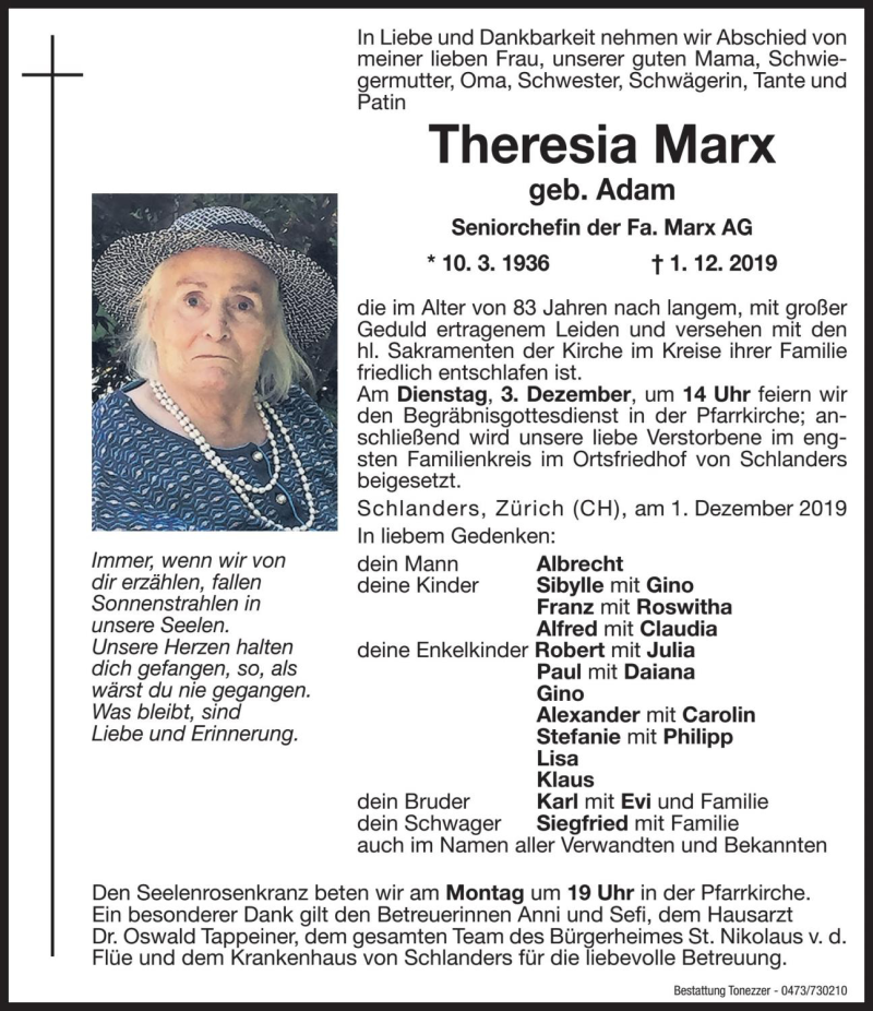  Traueranzeige für Theresia Marx vom 02.12.2019 aus Dolomiten