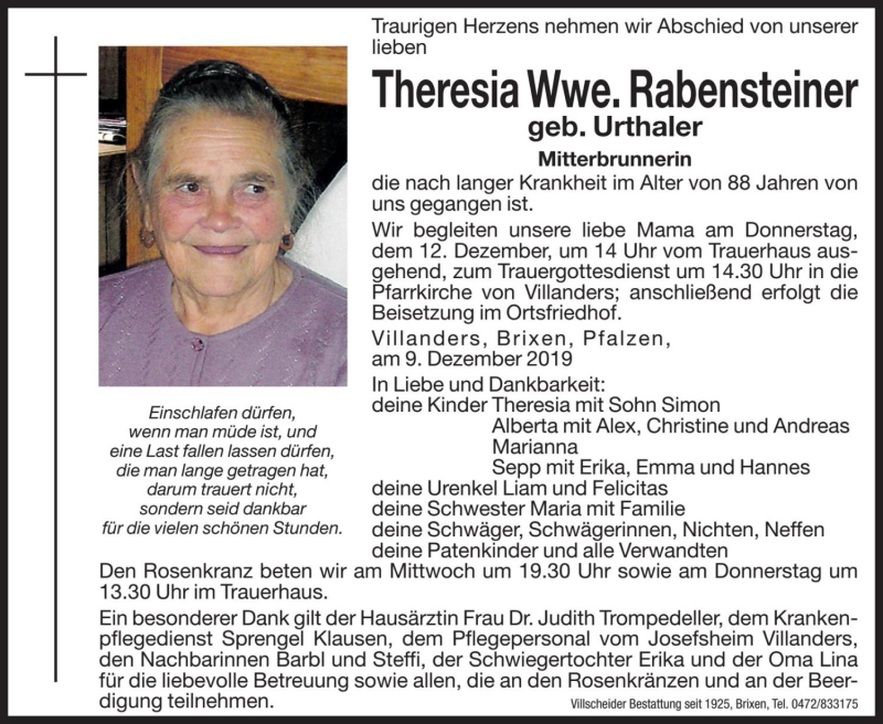  Traueranzeige für Theresia Rabensteiner vom 11.12.2019 aus Dolomiten