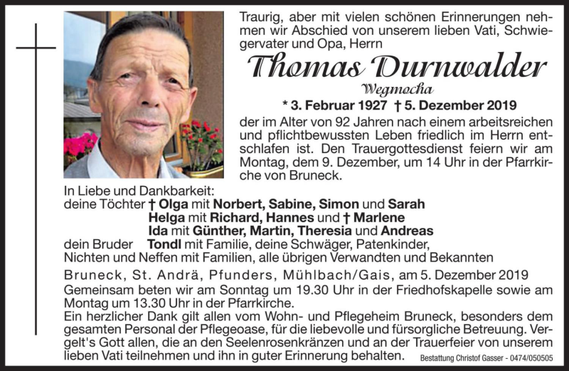  Traueranzeige für Thomas Durnwalder vom 07.12.2019 aus Dolomiten