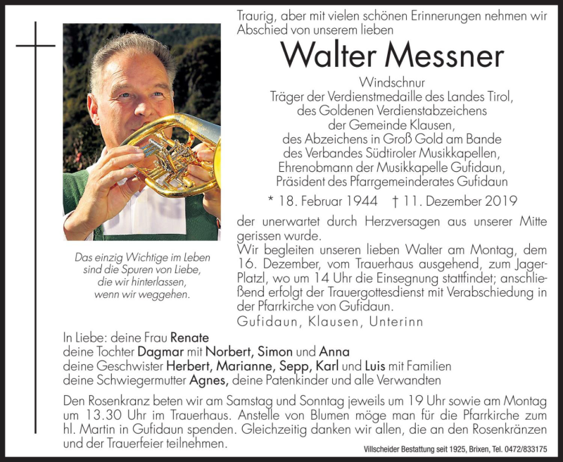  Traueranzeige für Walter Messner vom 14.12.2019 aus Dolomiten