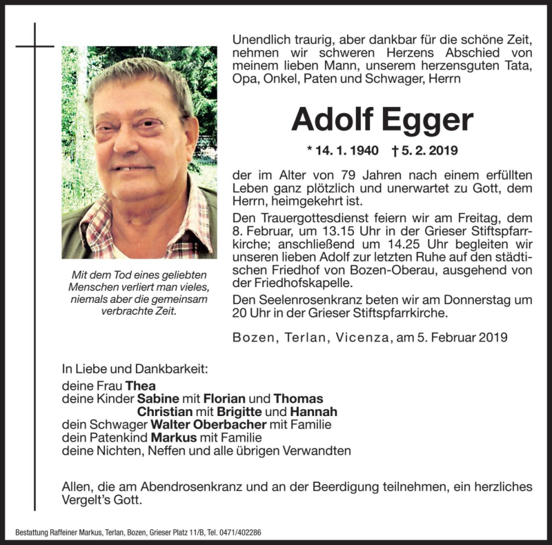  Traueranzeige für Adolf Egger vom 06.02.2019 aus Dolomiten