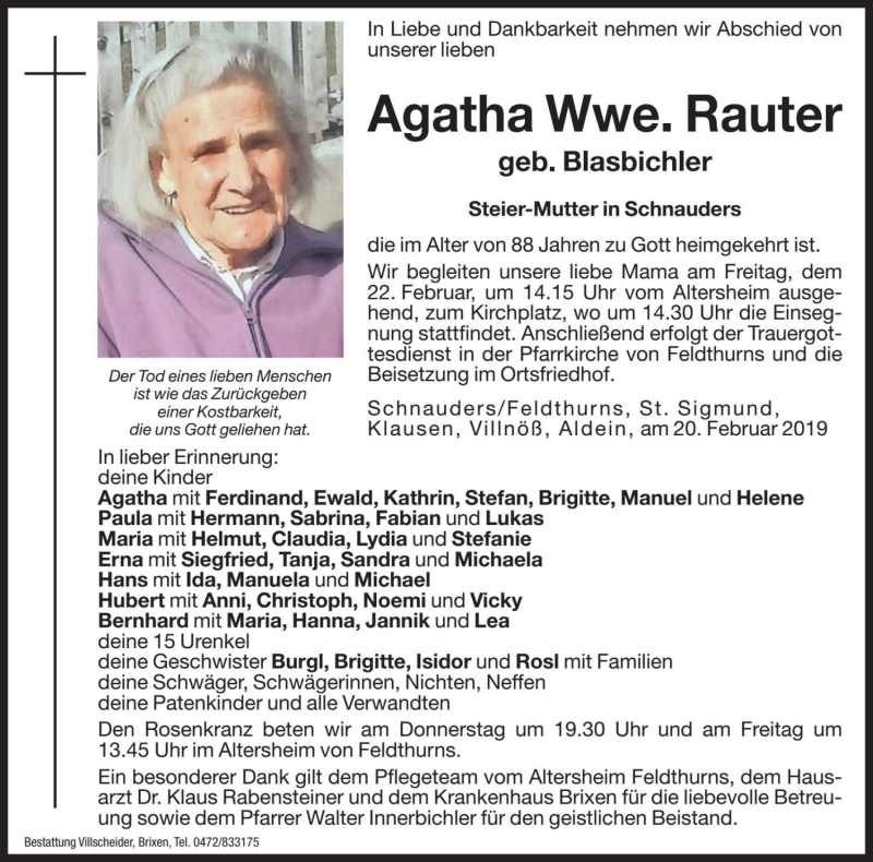  Traueranzeige für Agatha Rauter vom 21.02.2019 aus Dolomiten