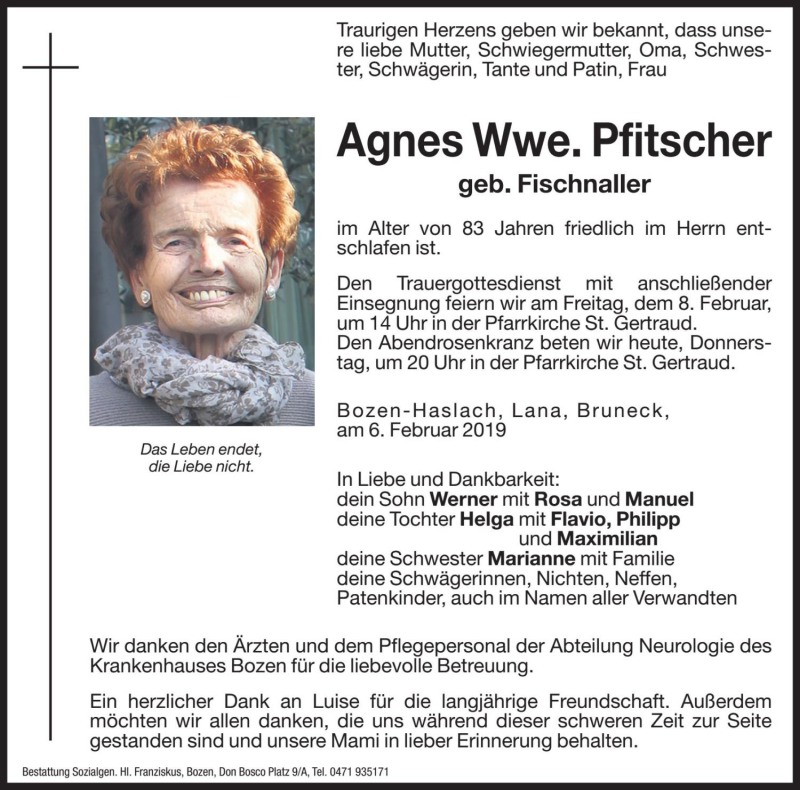  Traueranzeige für Agnes Pfitscher vom 07.02.2019 aus Dolomiten