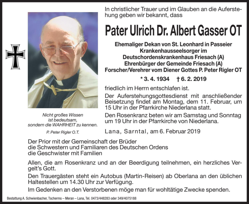  Traueranzeige für Albert Gasser vom 08.02.2019 aus Dolomiten
