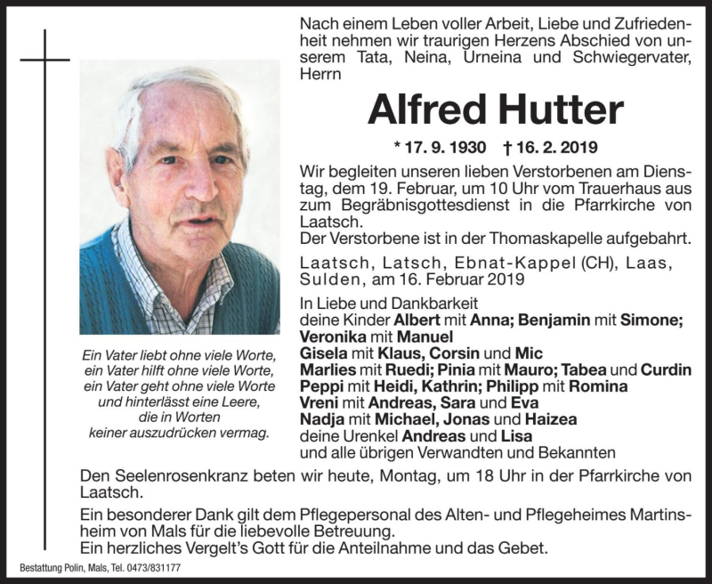  Traueranzeige für Alfred Hutter vom 18.02.2019 aus Dolomiten