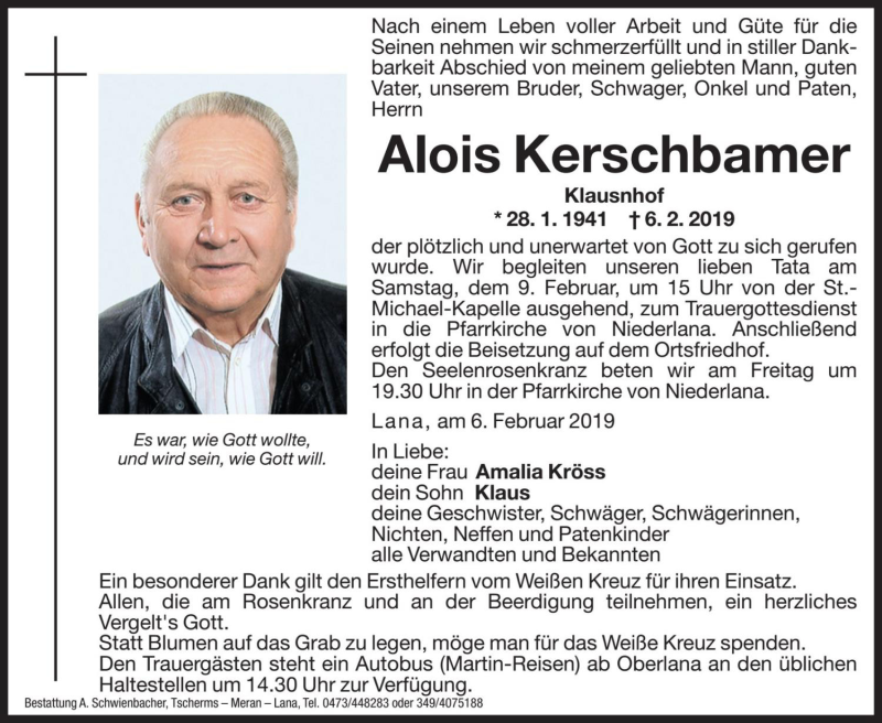  Traueranzeige für Alois Kerschbamer vom 07.02.2019 aus Dolomiten
