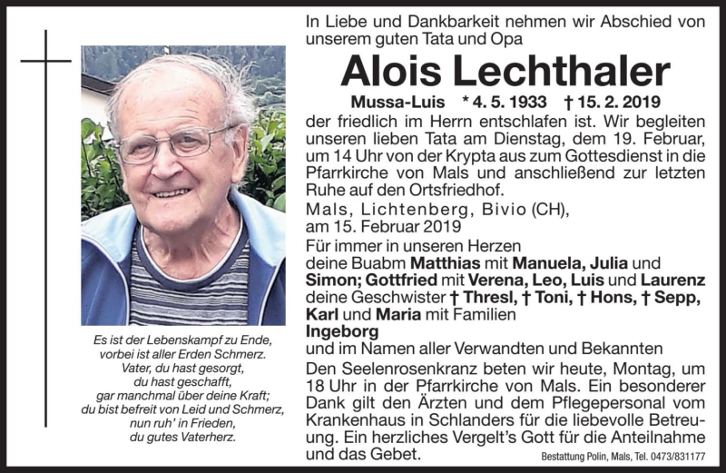  Traueranzeige für Alois Lechthaler vom 18.02.2019 aus Dolomiten