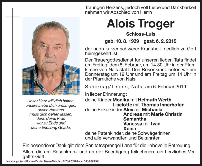  Traueranzeige für Alois Troger vom 07.02.2019 aus Dolomiten