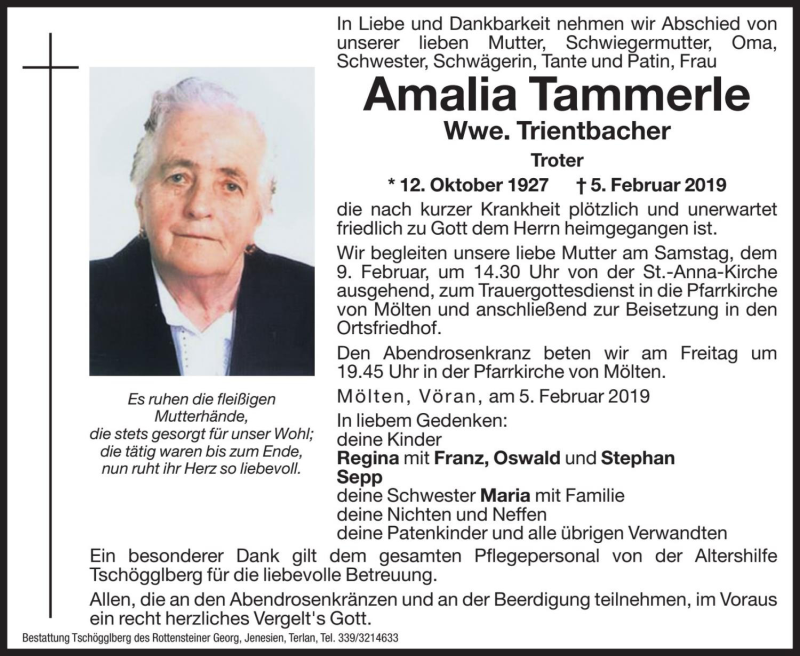  Traueranzeige für Amalia Trientbacher vom 08.02.2019 aus Dolomiten