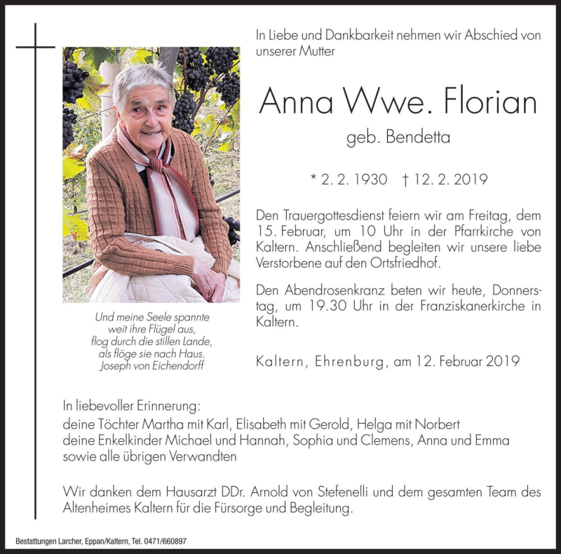  Traueranzeige für Anna Florian vom 14.02.2019 aus Dolomiten
