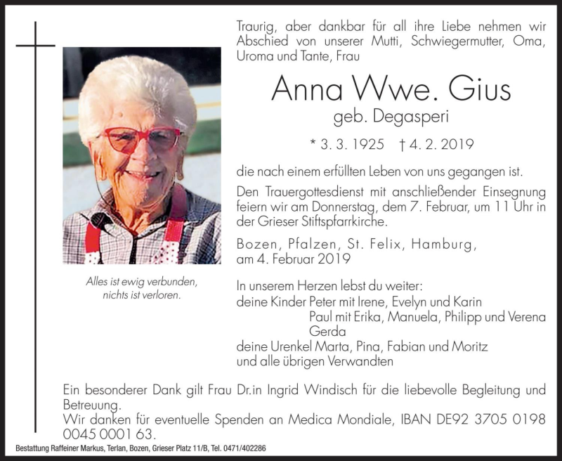  Traueranzeige für Anna Gius vom 06.02.2019 aus Dolomiten