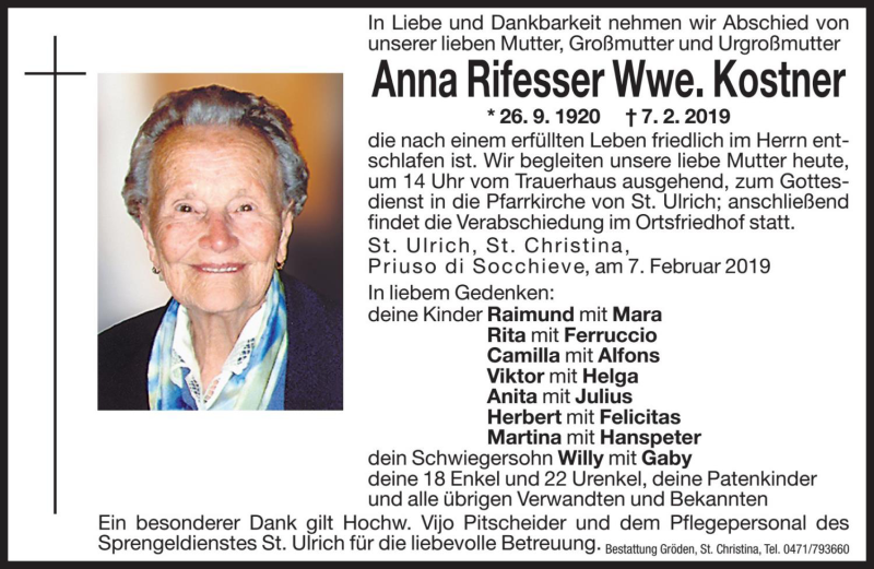  Traueranzeige für Anna Kostner vom 09.02.2019 aus Dolomiten