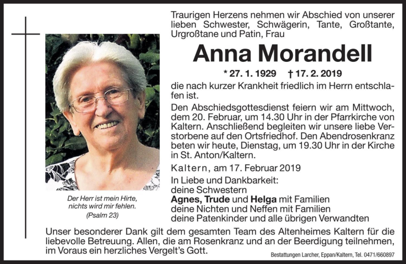  Traueranzeige für Anna Morandell vom 19.02.2019 aus Dolomiten